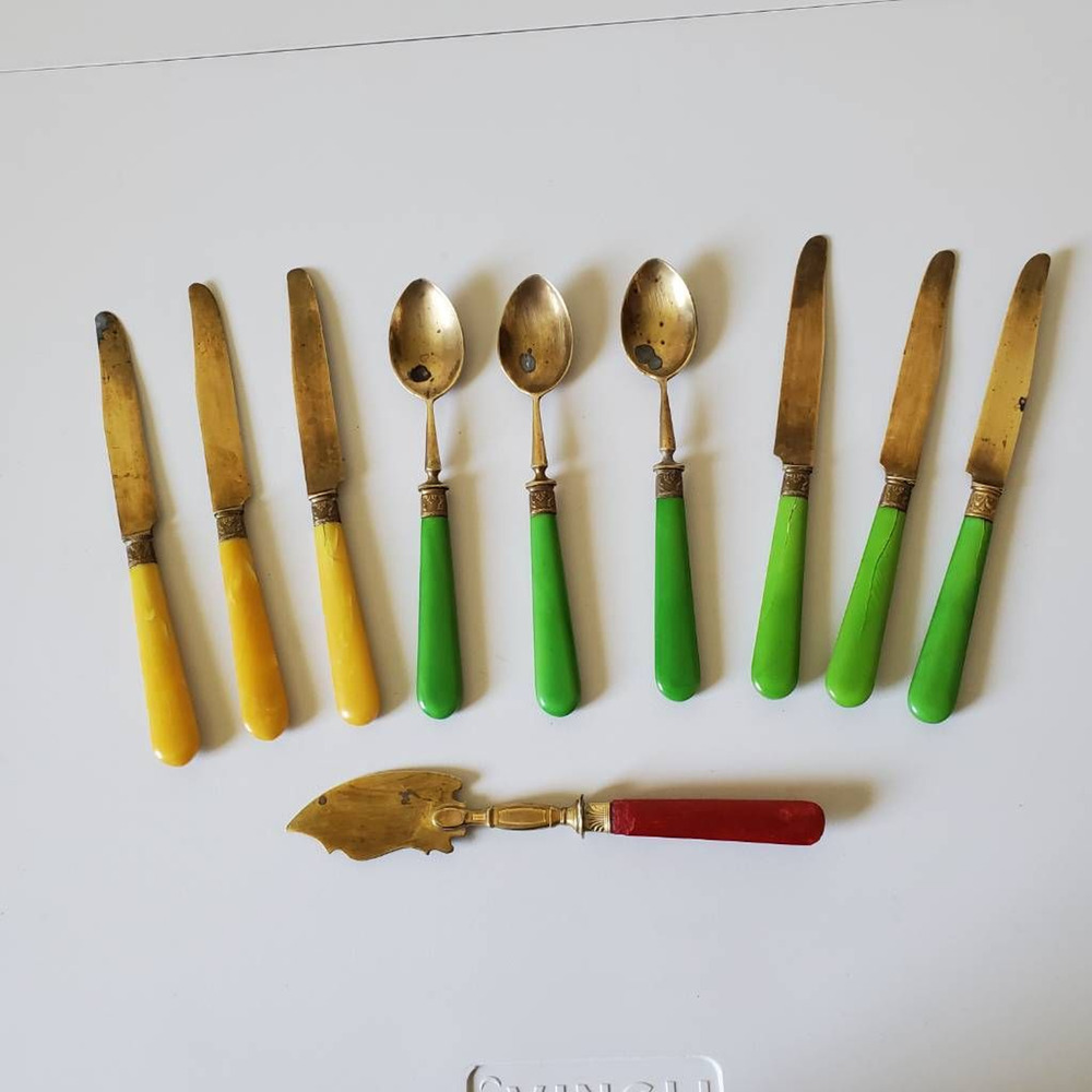 Antique French Brass Bakelite Knife Spoon Flatware Lot of 10 Nadal France